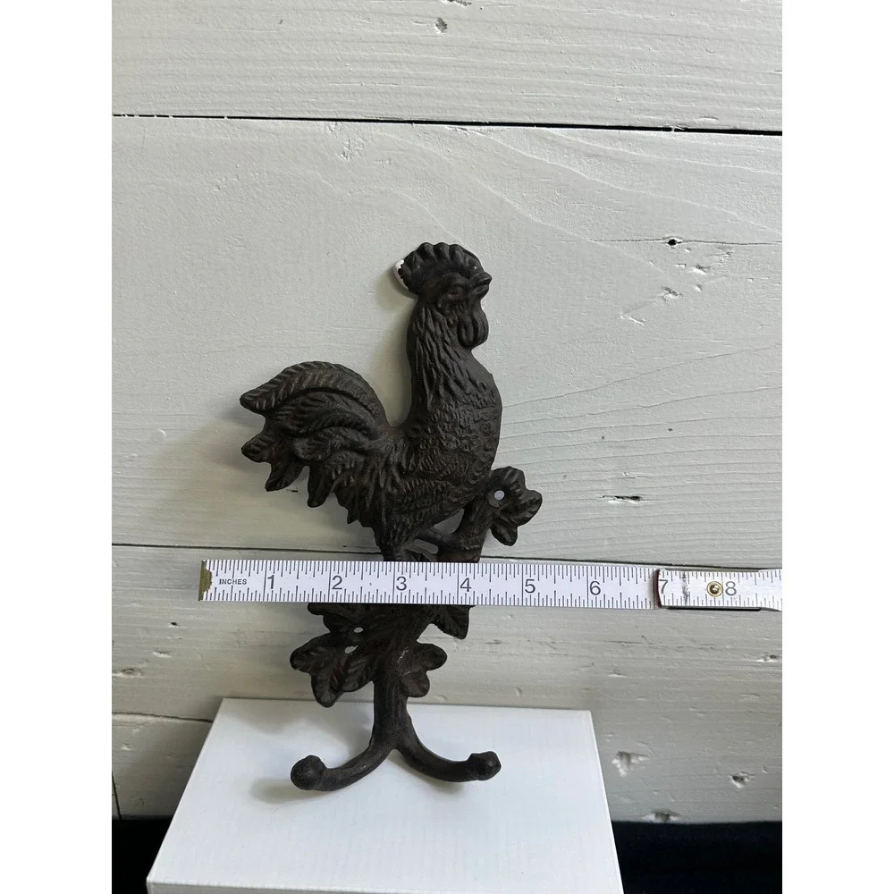 Vintage Style Cast Iron Rooster Wall Hooks Farmhouse Decor Brown Set of 3